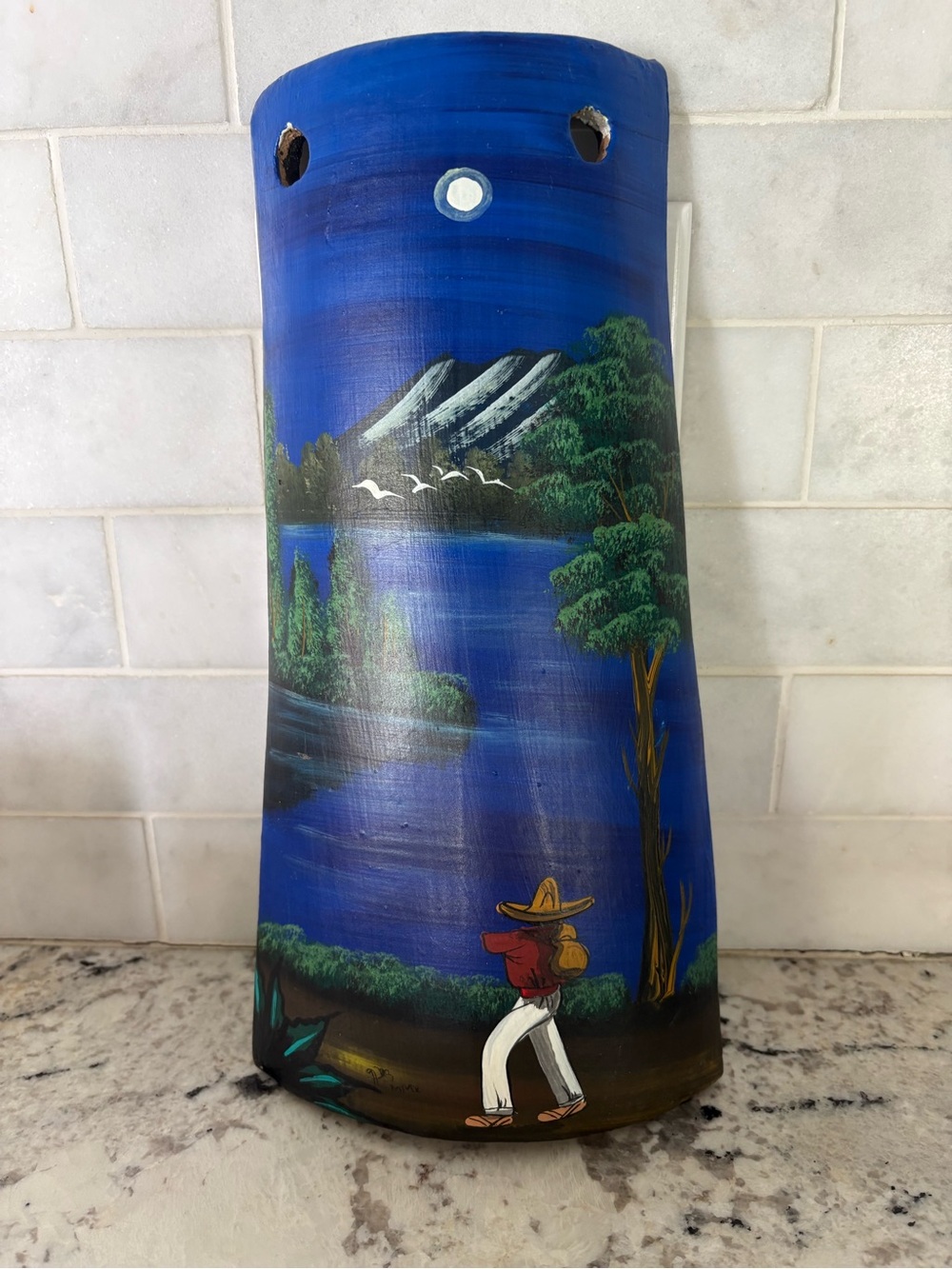 Hand-Painted Blue Scenic Wall Panel with Traveler